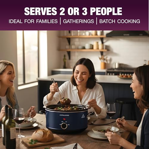 Image of Andrew James 3.5L Slow Cooker - Sear-to-Simmer - Large Hob-Proof Aluminium Pot, Shatter-Resistant & Easy-Clean Design 3 Heat Settings & Glass Lid, Ideal for Family Meals (Midnight Blue)