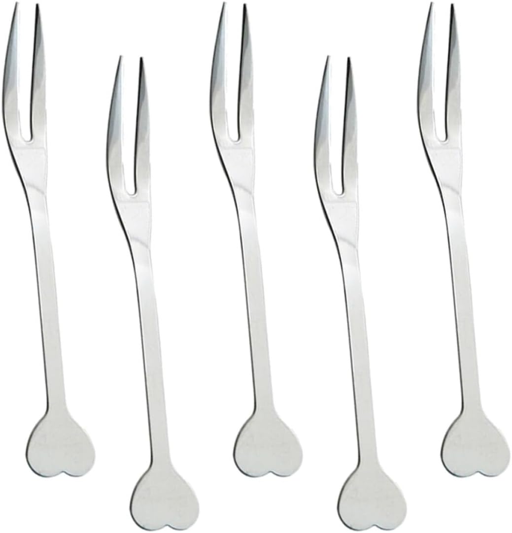 Fruit Forks, Mini Tasting Set Stainless Steel 5pcs 2 Prong Heart Shape