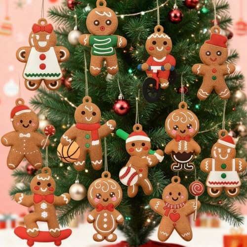 12 peças de enfeites de Natal para pendurar pão de gengibre, boneco de neve fofo e estatuetas de Papai Noel com casa de biscoito de açúcar, decoração festiva para pendurar na árvore de Natal para