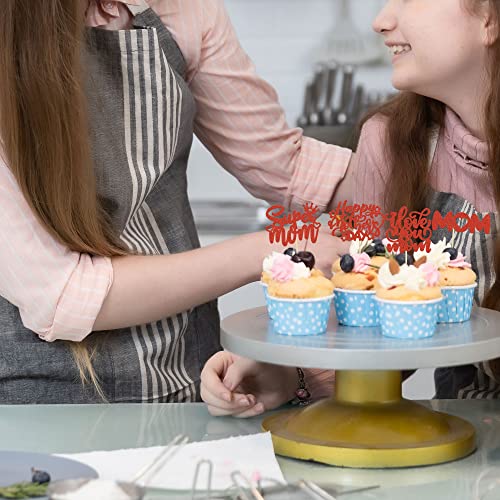 Gyufise 24 Pack Happy Mother's Day Cupcake Toppers Glitter Heart Best Mom Cupcake Picks I Love Mom Cake Decorations For Happy Mother's Day Theme Women Birthday Party Supplies Red #TOP3