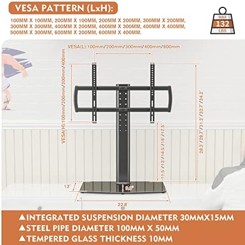 Universal TV Stand/ Base Tabletop TV Stand with Wall Mount for 40 to 86 inch 5 Level Height Adjustable, Heavy Duty Tempered Glass Base, Holds up to 66kgs Screens, HT03B-003P