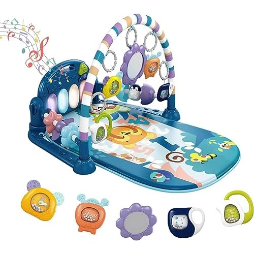 dearlomum Baby Play Mat Baby Gym,Funny Play Piano Tummy Time Baby Activity Mat with 5 Infant Sensory Baby Toys, Music and Lights Boy & Girl Gifts for Newborn Baby 0 to 3 6 9 12 Months（Tiger Blue）