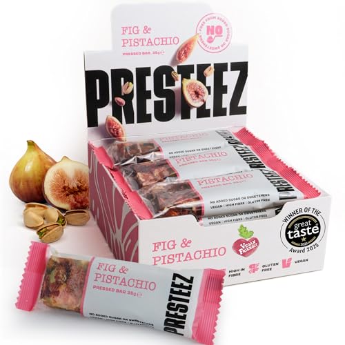 Presteez Fig & Pistachio Fruit and Nut Bar - Healthy Snacks, No Added Sugar or Sweeteners, Vegan, Gluten Free, High Fibre Energy Bars, Support Clean Eating, 35g, 12 Pack