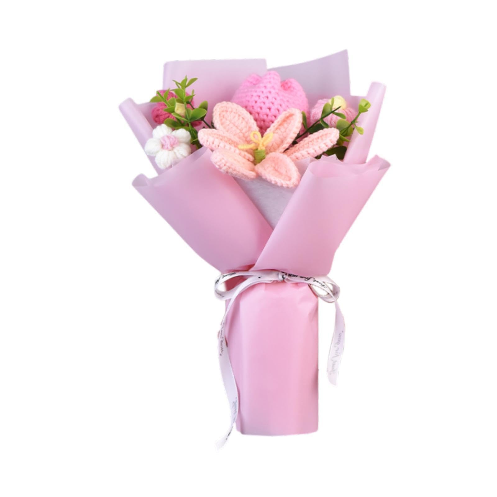 PUXZYAX Premium Crochet Flower Set Gorgeous Assembled Bouquet For Any Occasion Table Centerpiece Wedding Party Preserved Flower, Pink
