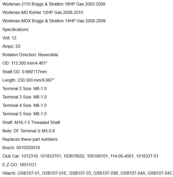 Replacement for Club Car Starter for Golf Cart Generator 1012316 101833701 GSB10701A GSB10704A OEM