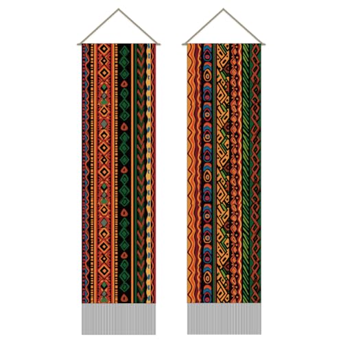 AHANDMAKER 2Pcs Traditional African Tribal Tapestry, Indigenous Totem Tapestries Wall Hanging, Ethnic Geometric Pattern with Tassels for Living Room Bedroom, 45.7x13 Inch