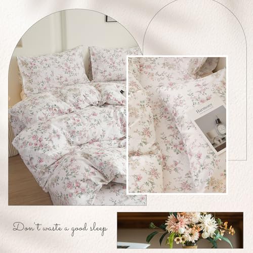 Image of VM VOUGEMARKET Queen Duvet Cover Set Pink Floral Bedding Set on White 100% Cotton Reversible Vintage Comforter Cover with Zipper&Ties