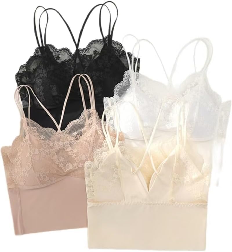 Generic4 Pcs Lace Trim Crop Cami Tops Women's Lace Patchwork Spaghetti Strap Tops Lace Trim V Neck Rib Knit Cami Crop Top