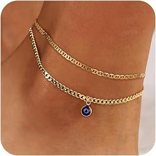 Ankle Bracelets for Women - Silver/Gold Plated Stainless Steel Anklets for Women Waterproof Layered Cuban Link Figaro Chain Heart Anklets Set Summer Beach Jewelry Gifts