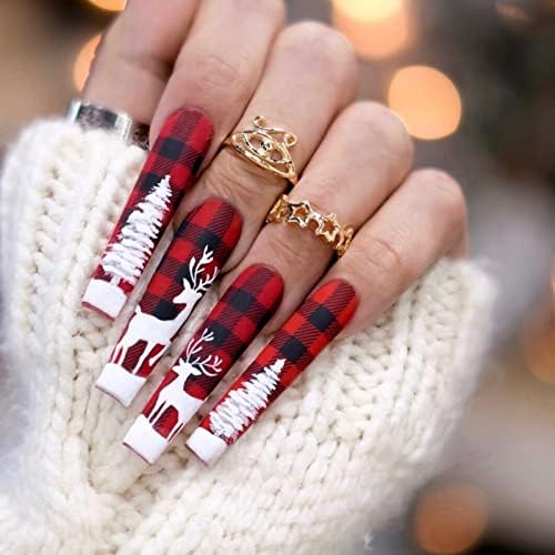 JUSTOTRY 24 Pcs Fake Nails Long,Black French Press on Nails Patterns, Snake Medium Ballerina Stick on Nails Jewels for Women, Acrylic Coffin False Nails with Glue for Nail Art