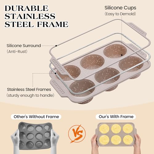 Image of 2 Pcs Silicone Jumbo Muffin Pan with Metal Frame, Non Stick Silicone Egg Molds with Handles, Round Silicone Molds for Baking for Oven, BPA Free (Brown, Cream
