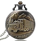 1 x Taschenuhr LWCOTTAGE Quarz Taschenuhr - Vintage Bronze Zug Front Lokomotive Quarzuhr 3D Auto LKW Muster Taschenuhr Männer Frauen Halskette Anhänger Geschenke Kette, 1, Dünne Kette 78Cm