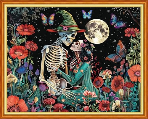 Image of Foxhool Stamped Cross Stitch Kits,11CT Printed Cross Stitch Pattern Full Embroidery Kits for Beginner Needlepoint Kits-Moon Skeleton Couple 16x20 inch