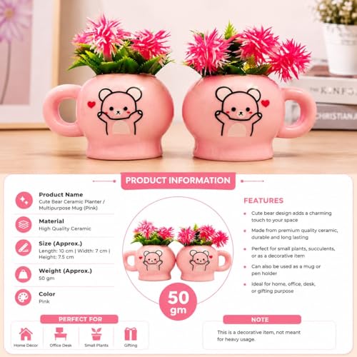 Image of Cute Bear Ceramic Planter Set of 2 with Artificial Flowers | Decorative Mini Flower Pots for Home Decor, Office Desk, Study Table & Shelf Decoration | Multipurpose Ceramic Planter Cups