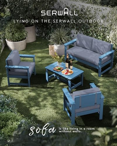 Image of SERWALL 2 Pieces Single Cushioned Lounge Chair, Blue HDPE Outdoor Adirondack Sofa Armchair with Grey Cushion
