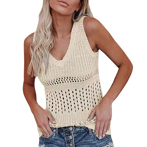 Camiseta sin mangas de ganchillo para mujer, de punto de verano, sin mangas, cuello en V, estilo bohemio, hueco, para cubrir la playa, vacaciones, beige, XL
