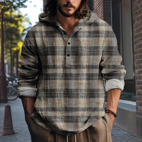 MARSVOVO Japanese Style Hooded Shirts for Men Long Sleeve Quarter Button Daily Light Weight Hoodie for Spring Fall2