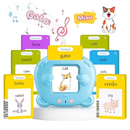 AHJ Tarjetas Flash Parlantes Español, Juegos Educativos Niños 2-6 Años, 112 Hojas, 224 Palabras en Español, Juguete Montessori, 3 Modo de Idioma: Español/Inglés/Bilingüe (Azul)