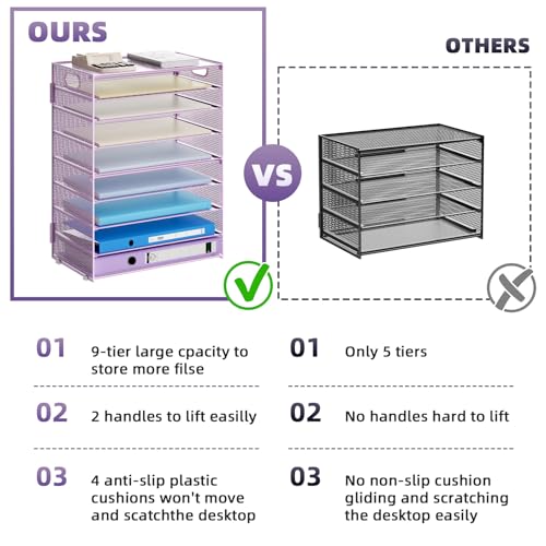 Image of Marbrasse Paper Organizer Letter Tray, 9 Tier Mesh File Organizer with Handle, Paper Sorter Desk Organizer for Home Office Supplies - Purple