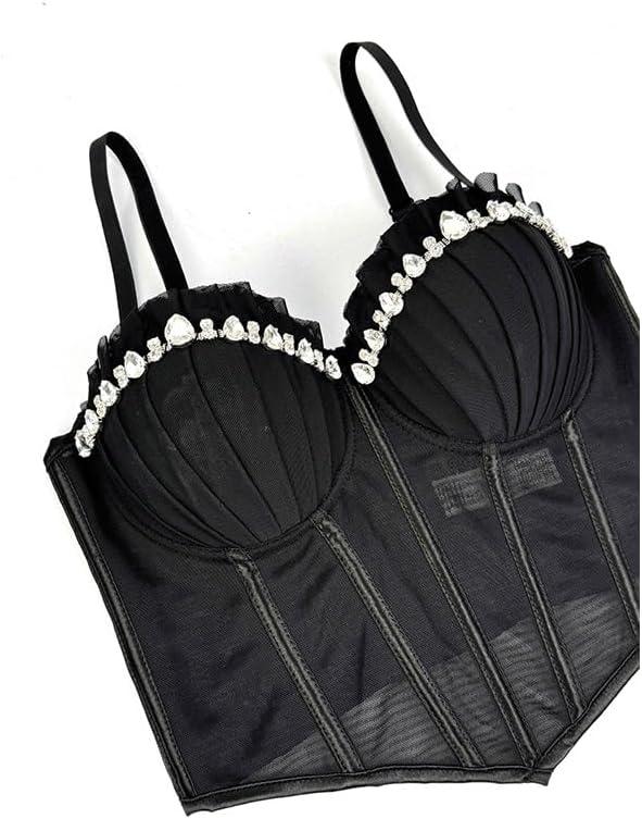 JSEIAJB Women's Rhinestone Pleated Small Camisole Fashionable Personality Outerwear Bra Street Shooting Tight Top