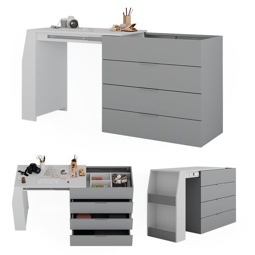 Vicco Mesa de Manualidades IVA, Gris, 98.5-167.5 x 80 x 47 cm | desplegable, 4 cajones, extensible para ampliar la superficie de trabajo
