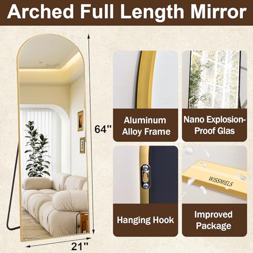 Image of 21 inch x 64 inchArched Full Length Mirror - Wall Mounted Floor Mirror- Aluminum Alloy Frame Full Body Mirror for Bathroom Living Room Bedroom and Entryway Gold