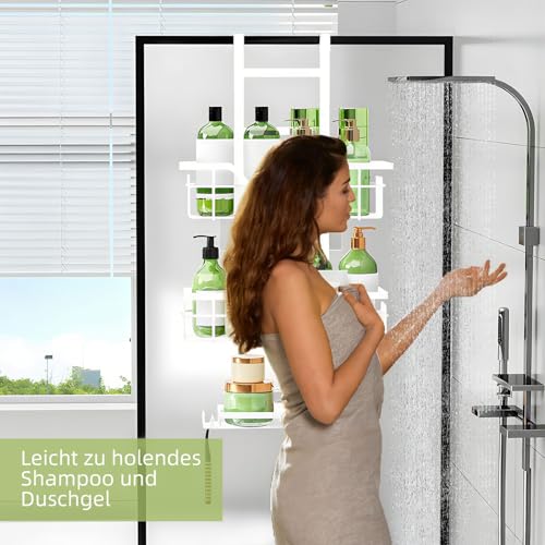MLOQI Duschablage zum Hängen für Glasduschtüren, Duschablage ohne Bohren, Duschkorb zum Hängen, Duschregal mit 3 Duschkorb Weiß