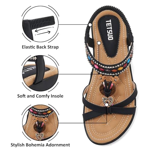TETSUO Sandals Women Platform Wedge Low Heels Sandals Dressy Flower Summer Beach Rhinestone Casual Shoes for Women Walking Elastic Ankle Strap Open Toe Bohemia Shoes3