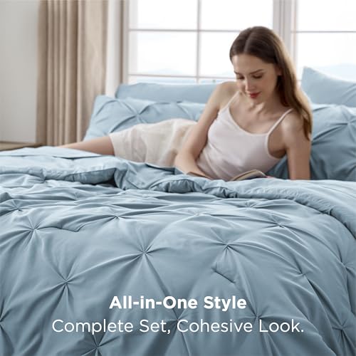 Image of Bedsure Queen Comforter Set Light Blue - Bed in a Bag Queen Size Bedding 7 Pieces, GentleSoft Pintuck Bed Set Gift for Family, All Season Down Alternative Comforter with Sheets, Pillowcases & Shams