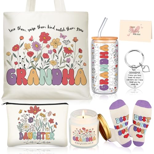 Funnymoom 6 Pcs Grandma Gifts for Women, Best Grandma Birthday Gift from Granddaughter Grandchildren Grand kids, 17 oz Glass Cup Canvas Tote Bag for Birthday