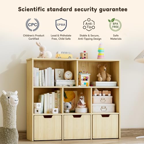 EXPERLAM Solid Pine Wood Toy Storage Organizer, Kids Bookshelf and Toy Organizer with 3 Rolling Drawers, 5 Storage Cubes, Montessori Playroom Storage Cabinet, Burlywood by EXPERLAM - Image 8