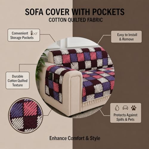 Image of STITCHNEST 'Frostvine Collection' 1 Seater Sofa Cover | Full Coverage with Armrest Pockets | Cotton Quilted Fabric, Decorative Tassels, Washable & Durable for Modern Living