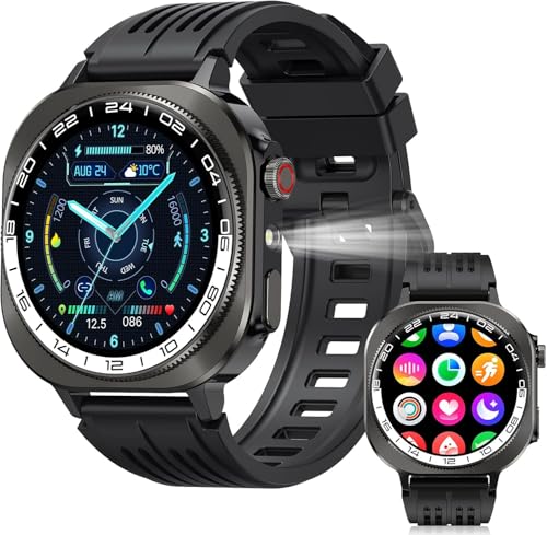 Military Smart Watch for Men, 2026 NEW 1.43" HD AMOLED Outdoor Fitness Watch with Flashlight/660mAh, Heart Rate/Sleep Monitor/SpO2/Pedometer/130+ Sports/IP68/300+ Watch Face Smartwatch Android iOS