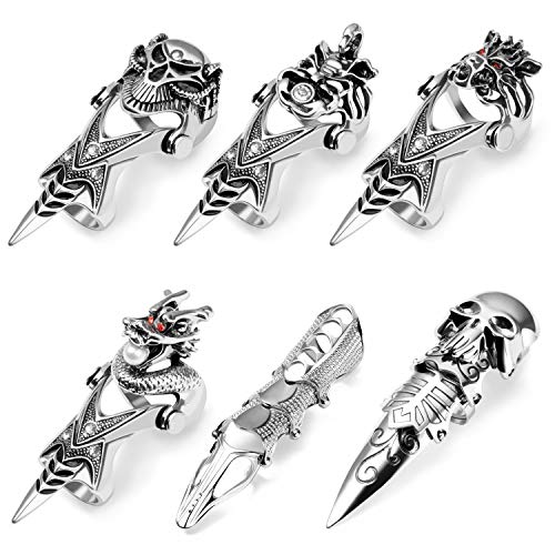 PANTIDE 6 Pcs Punk Gothic Knuckle Joint Full Finger Double Rings, Silvery Armour Cool Rings Punk Rock Hinged Loop Activity Rings for Men Women Halloween Cosplay Costume Accessories Jewelry Gifts