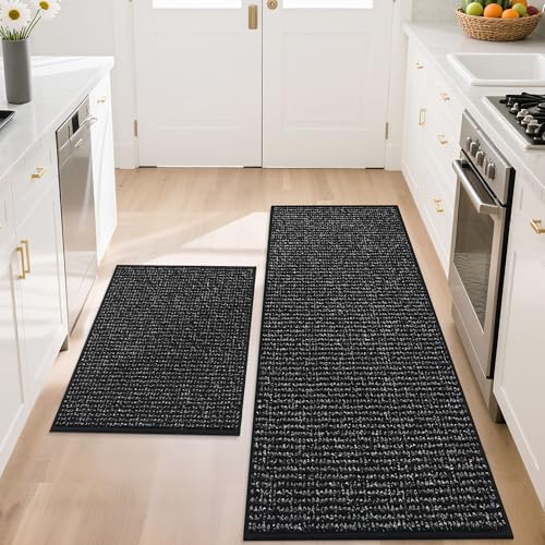 BEQHAUSE Kitchen Rugs and Mats 2PCS, Non-Slip Kitchen Mats for Floor, Absorbent and Stain Resistant Kitchen Runner, Machine Washable Rugs for Kitchen, Laundry & Sink, 20"x32"+20"x48", Black