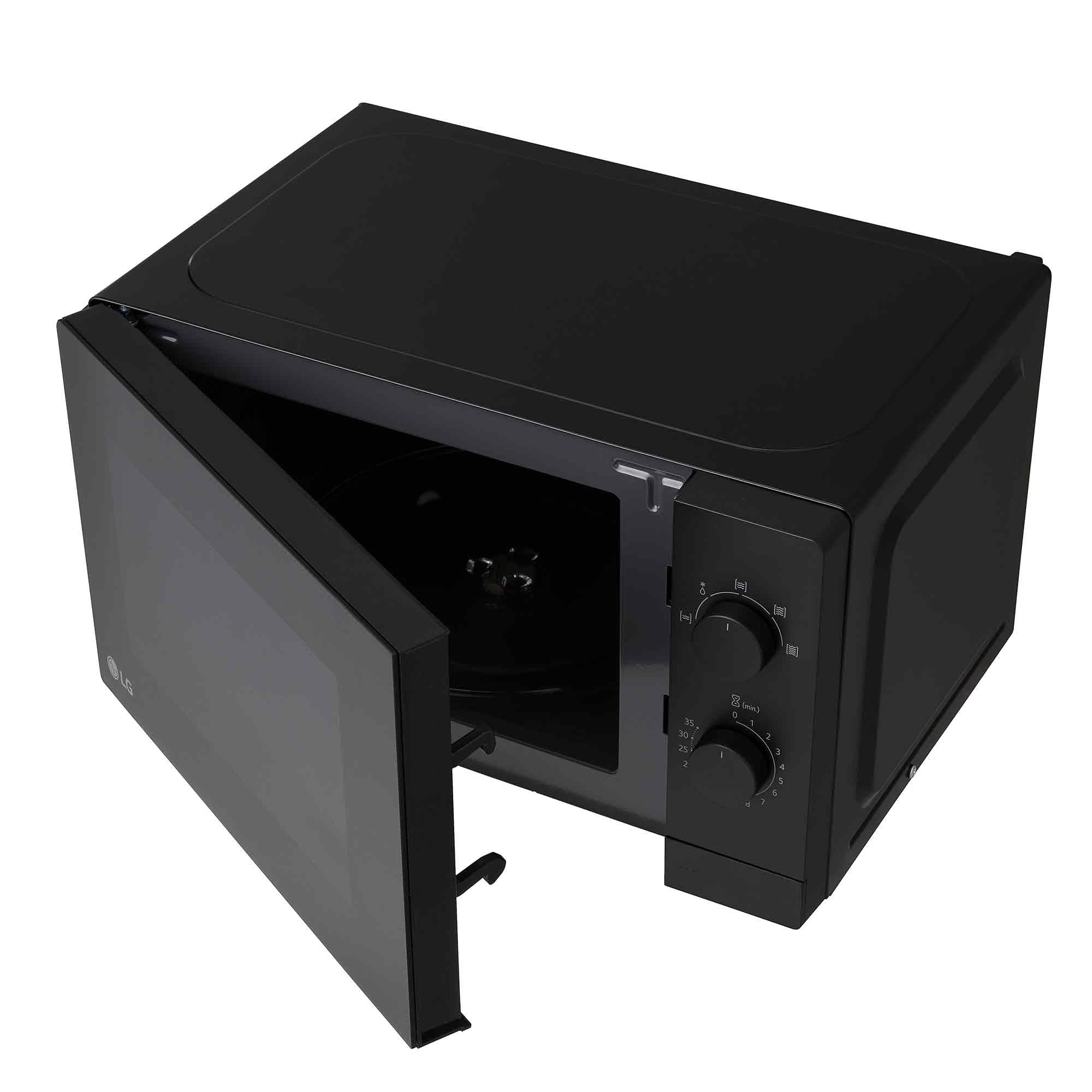 LG MS2082F Solo-Mikrowelle mit 700 W, 20 L Kapazität, 439 mm Breite. Intuitive Doppel-Drehregler, helle LED-Innenbeleuchtung, Auftaufunktion, minimalistisches Design mit Vollglastür, Schwarz.