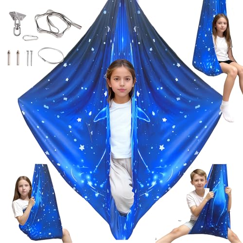 Image of Sensory Swing for Kids & Adults with 360 Swivel Hanger Kit, Double Layer Elastic Therapy Swing Holds up to 300lbs for Autism, ADHD,Aspergers, and SPD (Blue Whale)
