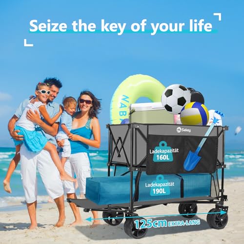 Sekey XXXXL Bollerwagen Faltbar 350L mit Extra Breite Reifen 17x10cm, Faltbarer Bollerwagen Strandwagen Transportwagen Zusammenfaltbar aus 4 Richtungen, 4XL-Doppel 4021, Grau – Bild 6
