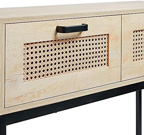 VonHaus Rattan Console Table - Storage Cabinet w/ 2 Drawers & Bottom Open Shelf - Side End Table w/Black Metal Frame - Scandi Nordic Style Furniture for Lounge, Living Room & Hallway - Lena
