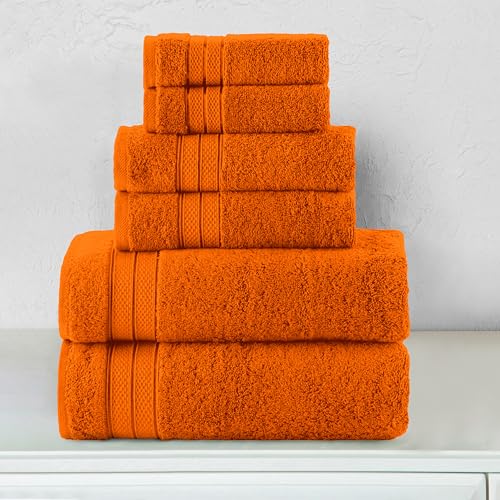 Image of Elegant Comfort Luxury 6-Piece Towel Set, Premium Soft 100% Turkish Cotton, Three Line Popcorn Design 2 Bath Towels, 2 Hand Towels and 2 Washcloths Towel Set-Quick-Drying and Absorbent, Vibrant Orange