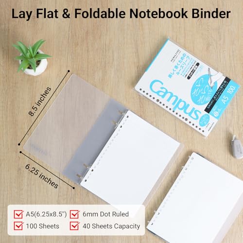 Image of KOKUYO Campus 2x2 Spiral Binder Notebook Set, A5 Refillable Notebook + 100 Refill Papers with 6mm Dot Ruled, 40 Sheet Capacity, Gray, Perfect for Work, Study & Journal