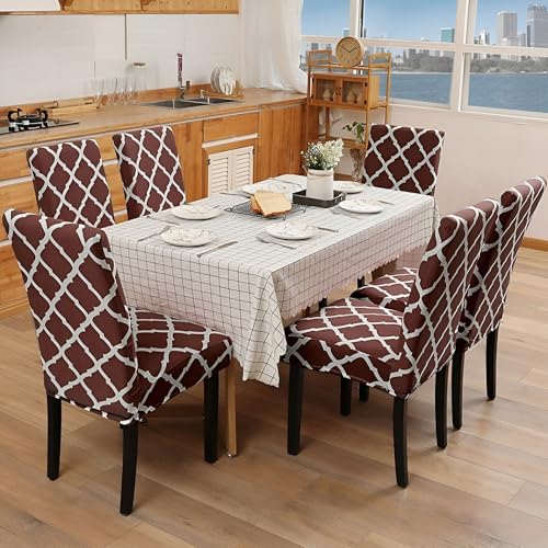 Image of Chair Cover Set of 4 for Dining Table, Stretchable Removable Washable Anti-Slip Universal Fit Printed Polyester Spandex Slipcovers (Brown Diamond)