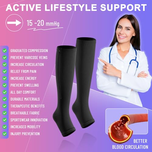 Image of cerpite Zipper Compression Socks, 2-Pack Open Toe 15-20mmHg for Men & Women