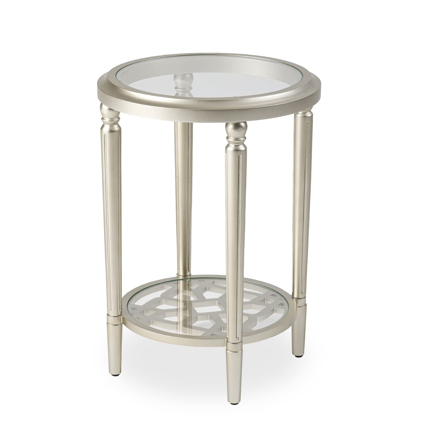 Koncemel Modern Round Side Table, Champagne Tempered Glass Table, 2-Tier Storage End Table for Living Room, Bedroom, Office