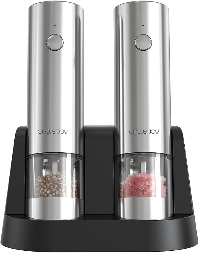 CIRCLE JOY Electric Salt and Pepper Grinder Set Stainless Steel Spice Grinder Automatic Pepper Mills with Easy-to-Carry Dual Charging Station, White Led Light, and Adjustable Coarseness, Silver