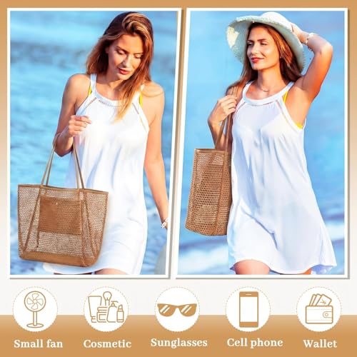Image of Aliceset 2 Pack Crochet Mesh Beach Tote Bag with Letter Patch Pocket Summer Beach Tote Bohemian Straw Transparent Bag