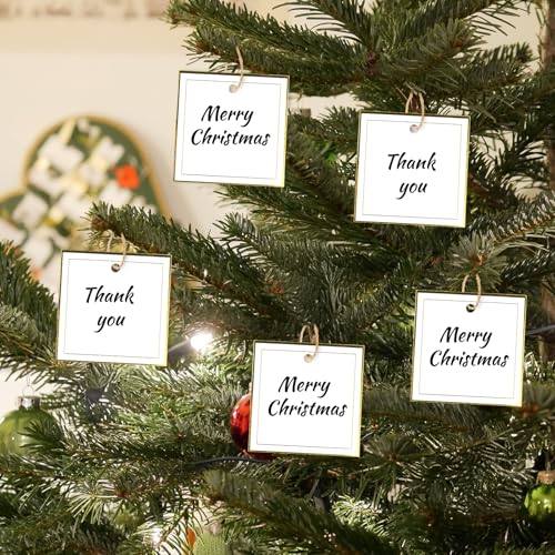G2PLUS Gold Gift Tags with String, 100PCS Metallic Gold Foil Gift Tags, 2.5x2.5 in Large Blank White Square Paper Hanging Label Tag for Present Wrapping, Wedding, Birthday, Christmas Party Favors