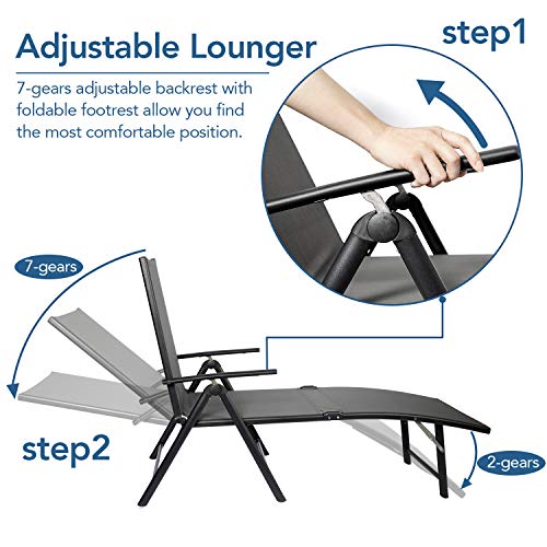 Circrane Outdoor Lounge Chair, Textiline Folding Chaise, Lounge Recliner For Beach/Yard/Pool/Patio With 7-Positions Adjustable Backrest & Foldable Footrest (Grey) #TOP3