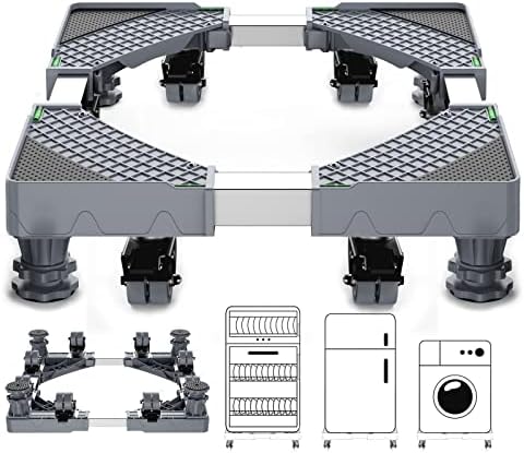 HQO LOVL Fridge Stand Mobile Base with 8 Locking Wheels and 4 Strong Feet, 19.7”-27.5” Adjustable Furniture Dolly for Washer Dryer Washing Machine Stand Pedestal, Refrigerator Stand(KBN-14GRAY)