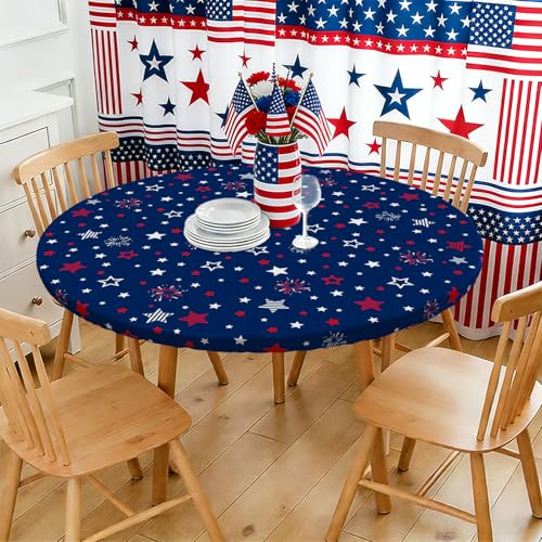 qchdln Round 4th of July Tablecloth with Elastic Edge 140g Fabric Patriotic Fourth of July Table Cloths for Memorial Day, Independence Day Indoor Outdoor Decorations(Fit for 36"-44" Table)